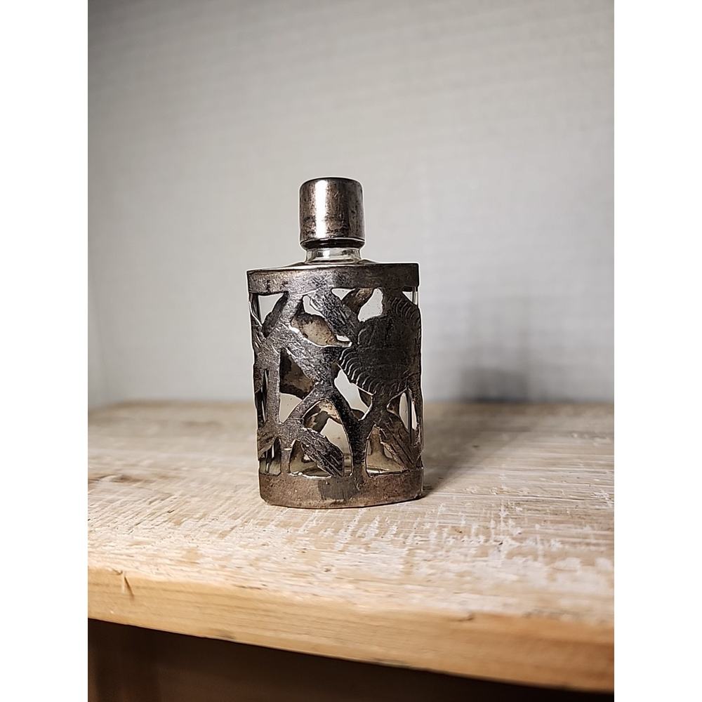2 Vintage Art Nouveau Glass Perfume Bottle Sterling Silver Overlay Taxco Mexico